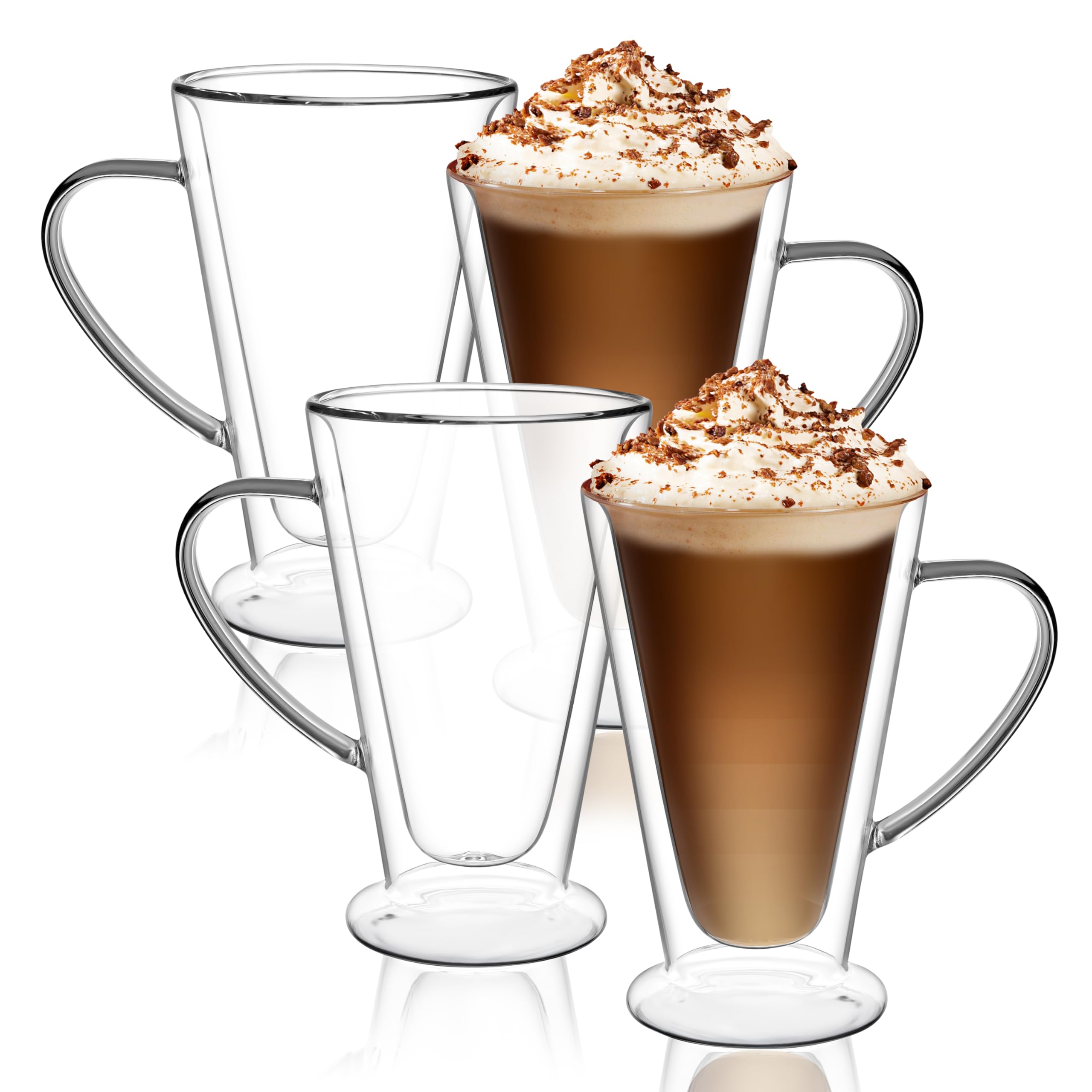CNGLASS Double Wall Glass Coffee Mugs 12oz,Clear lnsulated Glass Cups with Handle,Cappuccino,Tea,Latte Cups,Beverage Glasses Heat Resistant,Set of 4