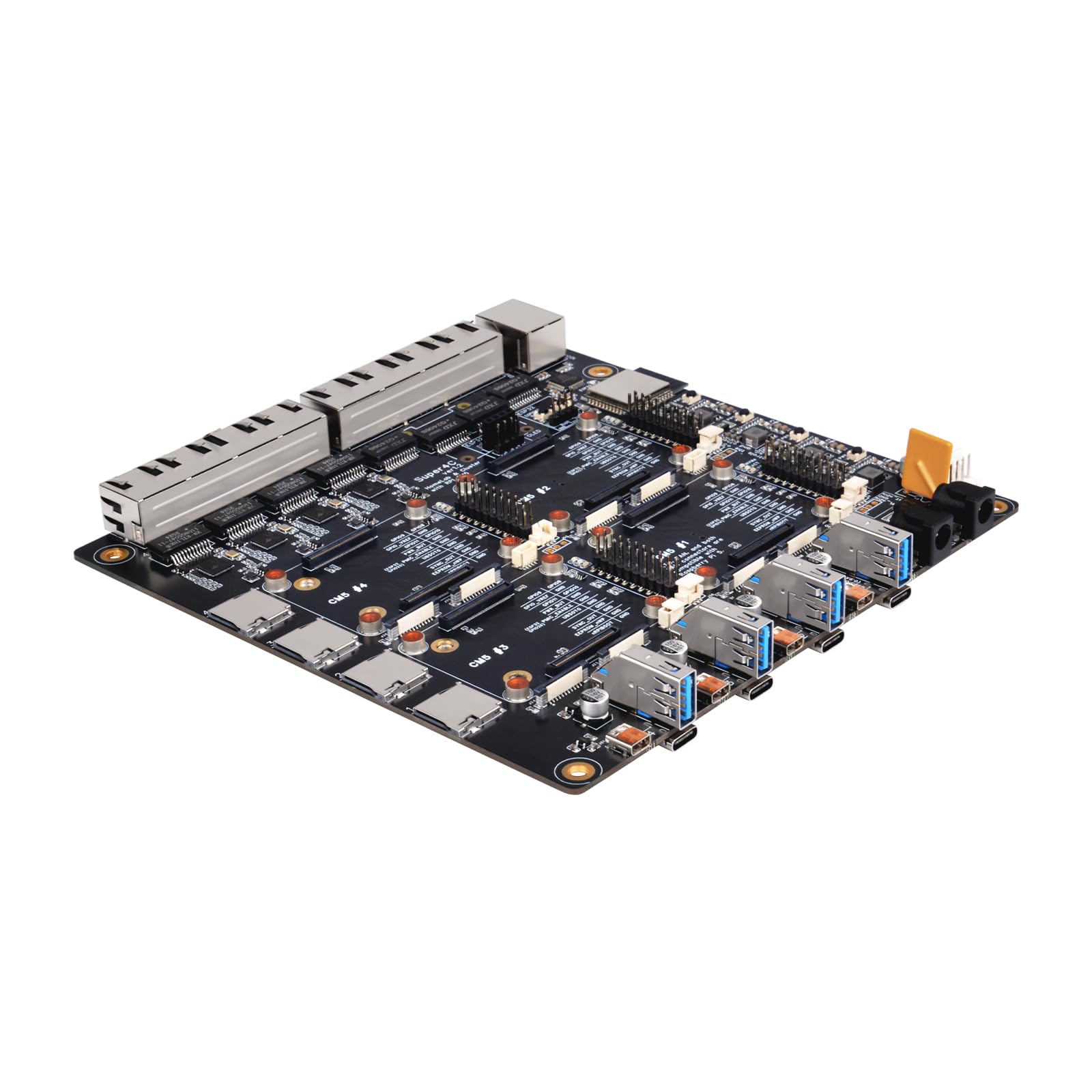 DeskPi Super4C para Raspberry Pi Compute Module 5, Cluster Mini-ITX Board Soporta 4 CM5, 2.5GbE + red 1GbE, M.2 NVMe, montaje en rack de 1U, incluye fuente de alimentación de 89 W