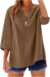 Camisetas de verano para mujer, a la moda, color liso, estilo casual, holgadas, sin botones, manga 3/4, cuello en V, camisas de lino, camisetas de uso diario
