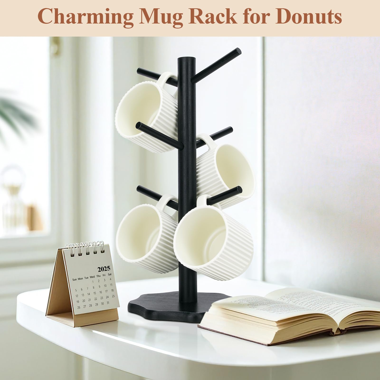 Albero Porta Tazze In Legno Con 6 Ganci - Supporto Per Tazze Da Caffè Per Cucina, Bar O Ristorante - Design A Albero Con Base A Fiore - Foto 9