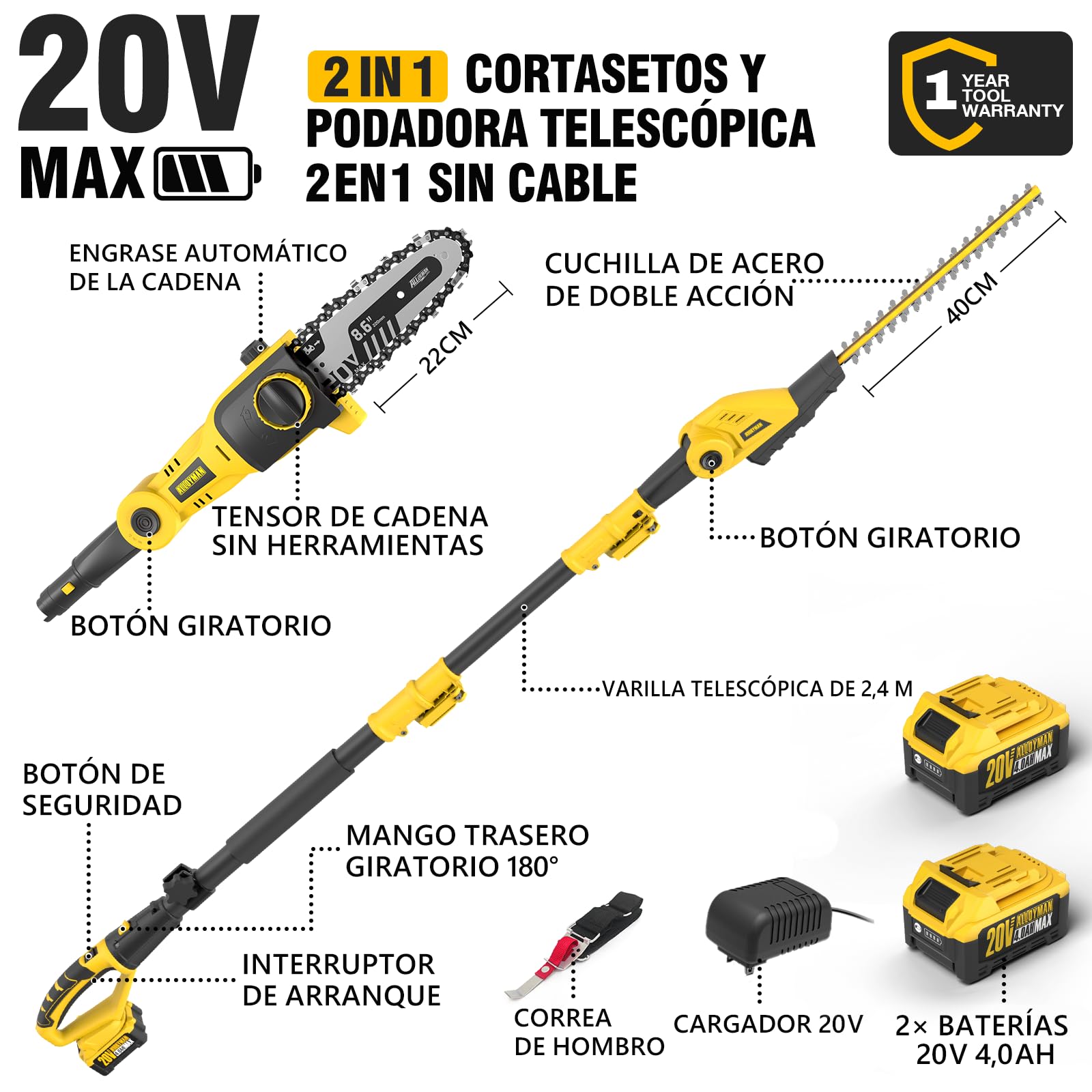 Alloyman 20V MAX Cortasetos y Motosierra Telescópica Inalámbricos 2 en 1, con 2 baterías de 4,0 Ah y Cargador, 2,4 m de Sierra y Cortasetos telescópicos para arbustos y setos