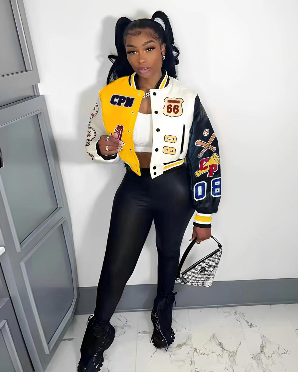 Glitrandi Varsity Jacket Women with Patches Print Cropped Bomber Leather Jacket Women 2025 S-XXL - Image 2