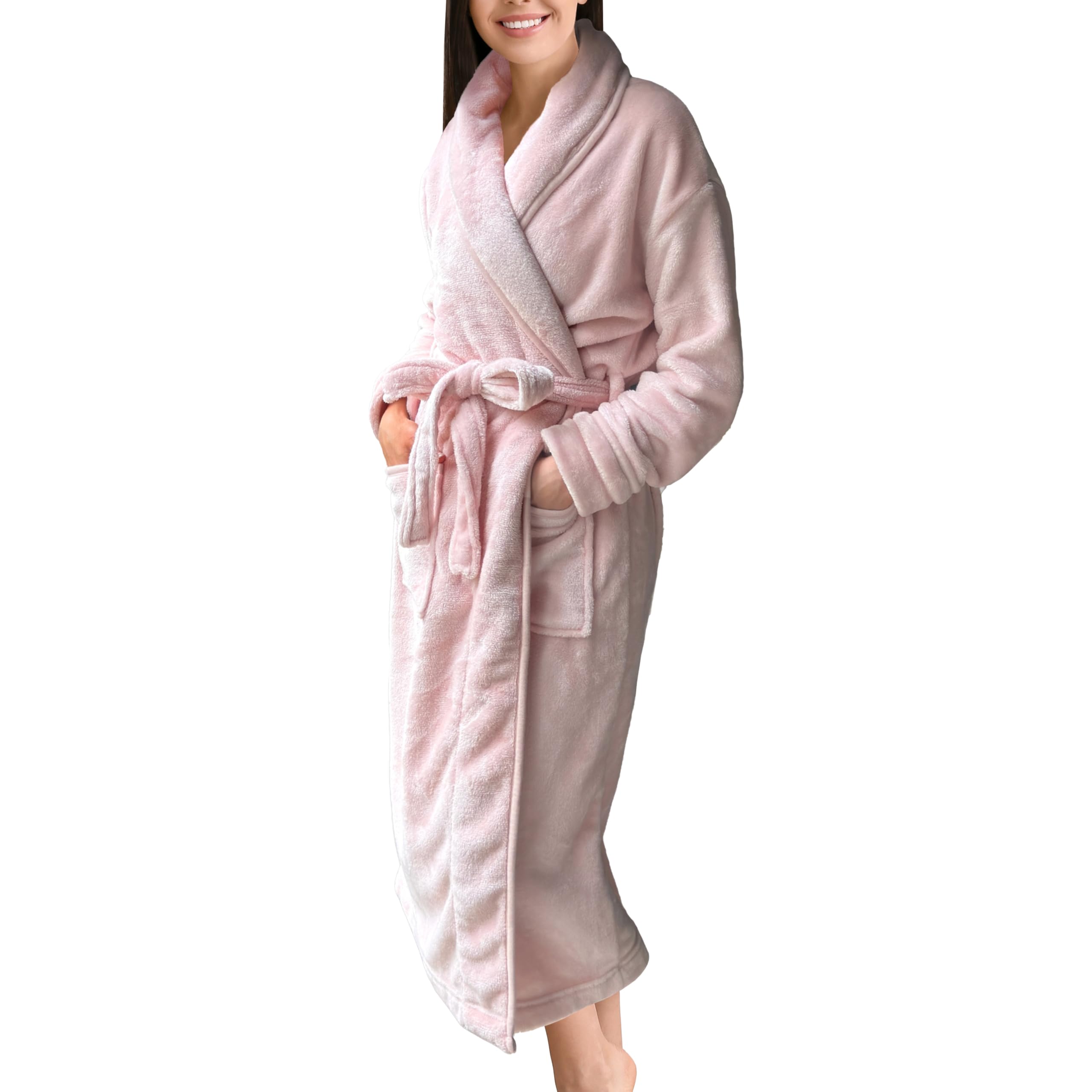 Elegant Comfort Luxurious Womens Spa Plush Fleece Bathrobe with Shawl Collar and Pockets - Velvet Soft Fluffy, Warm Long Robe