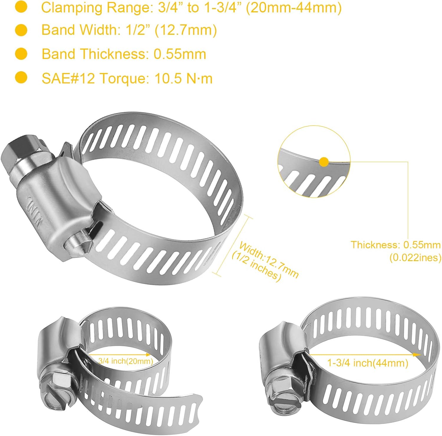 WINL Stainless Steel Hose Clamps - 15 PK Worm Gear Drive Hose Clamps SAE 20 Clamping Range 3/4'' to 1-3/4'' (20mm-44mm) for Automotive Plumbing, 3/4'', 1'', 1 1/4'', 1 1/2''