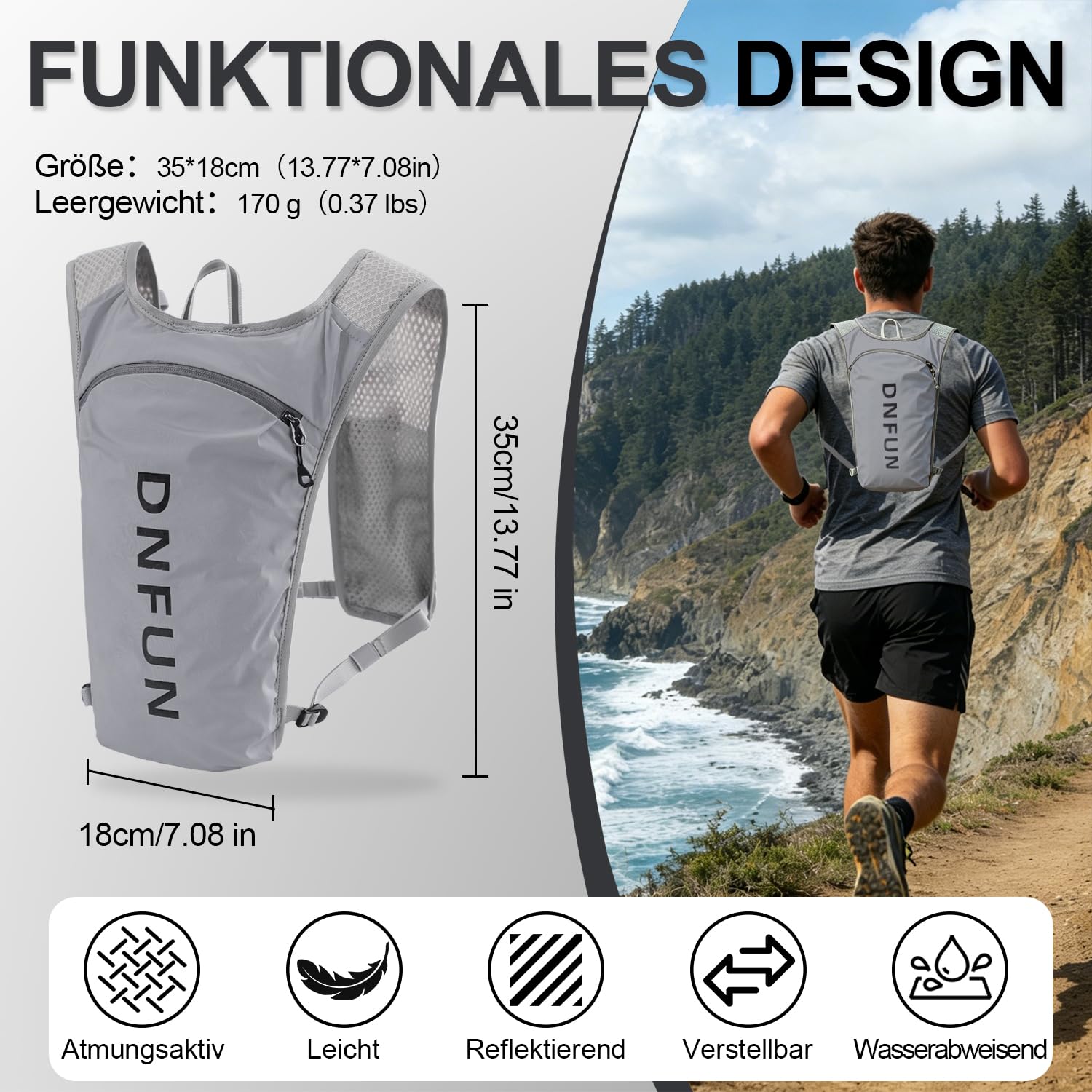 DNFUN Zaino Trail Running, Gilet Running Uomo Donna, Gilet Corsa Riflettente Idratazione Multitasche con Borraccia Morbida 500ml *2 o Sacca Idrica 1.5 per Trekking Ciclismo