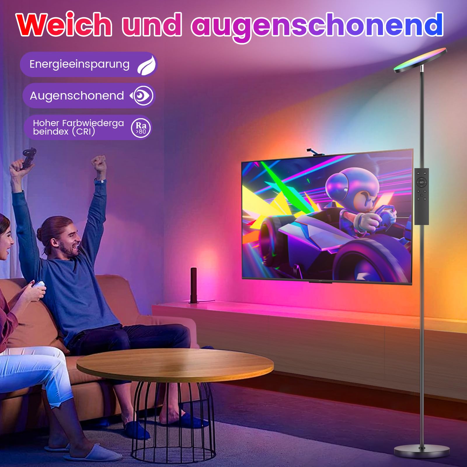 LED Stehlampe Wohnzimmer RGB Dimmbar, 36W Superhelle Farbwechsel Floor Lamp, Moderne Deckenfluter mit Fernbedienung und Touch-Steuerung, 2700K-6500K RGB Dimmbar für Wohnzimmer