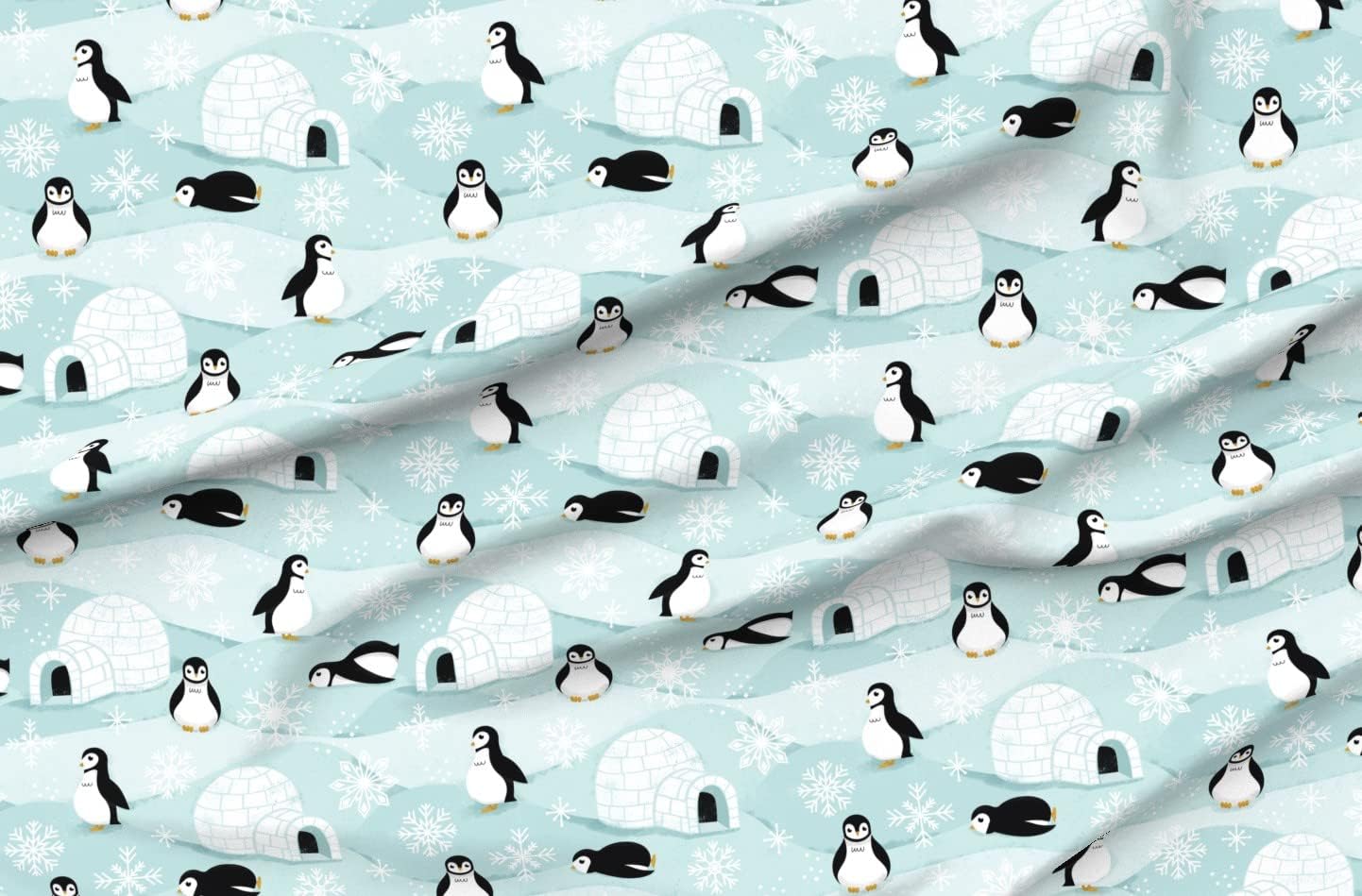 Spoonflower Fabric - Penguins and Snowflakes Winter Holiday Animals Printed on Organic Cotton Sateen Fabric by The Yard - Sewing Quilting Apparel Home Decor