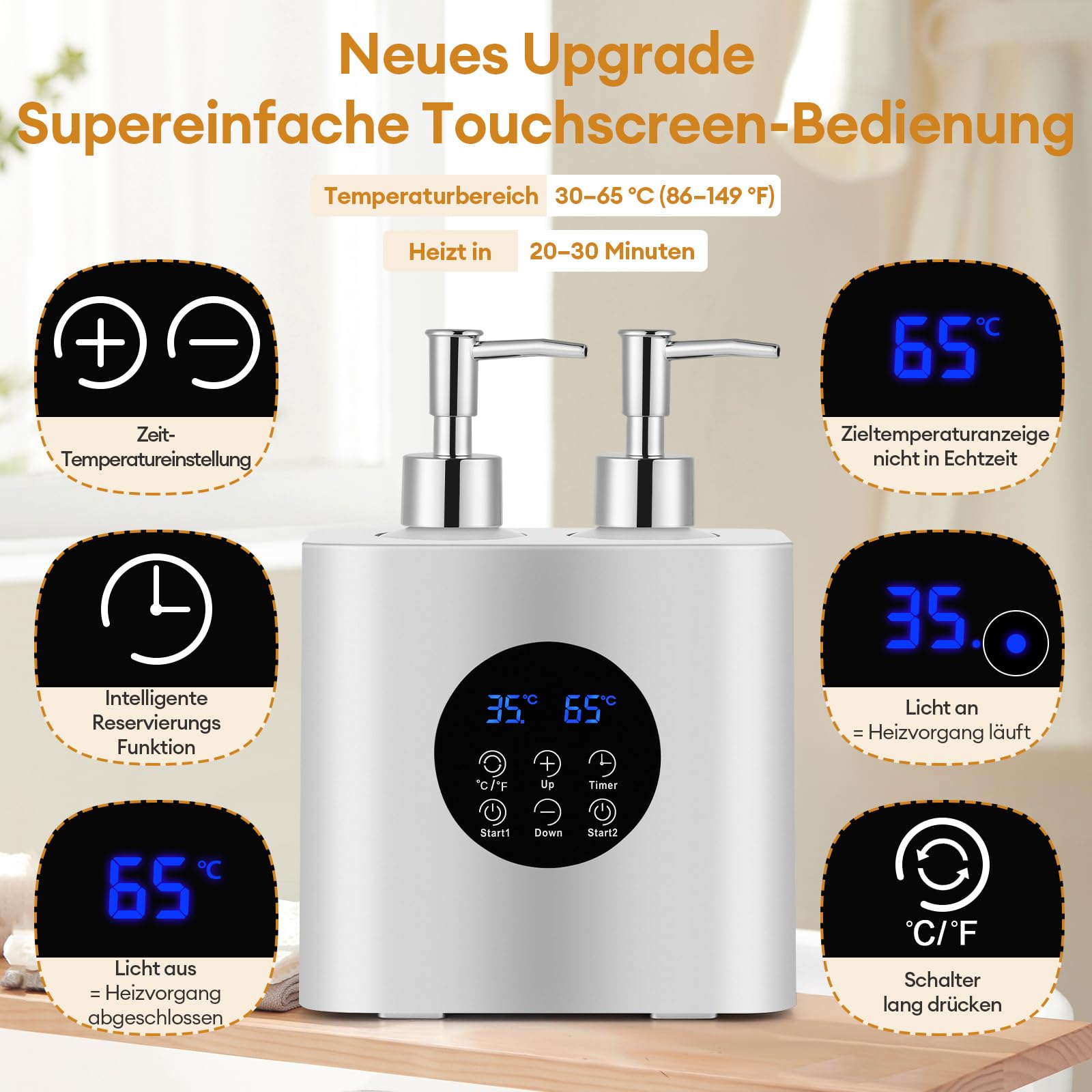 Calentador de Aceite de Masaje Profesional Double con Botón Táctil, Dispensador de Loción Inteligente con 4 Botellas de 245 ml y Embudo (30 °C a 65 °C) fusible de 360 grados, calentamiento rápido