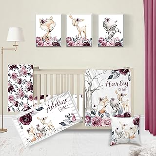 KAINSY Personalized Crib Bedding Set for Baby, Custom Baby Crib Sets with Name, Woodland Animal Nursery Set, Bedding Set for Baby Girls Crib, 5 Piece Baby Crib Sets, Pink Floral Crib Sheets