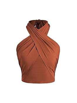 トップス THEREDTHREAD S front cross tops CIDER Cross Halter Shirred Back Crop Top: Orange, XXS at