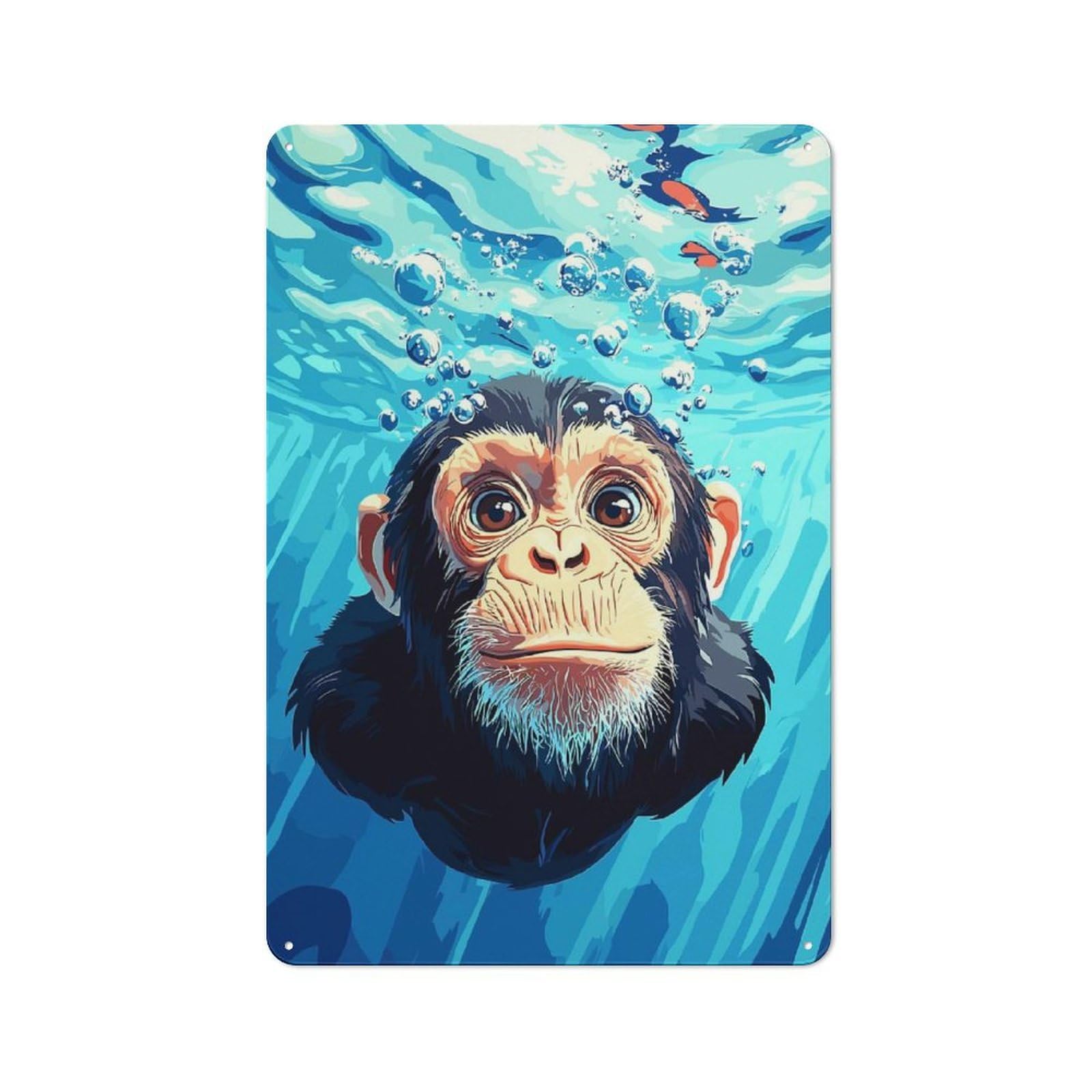 Junmoney Style-14 For Café Or Home Bar, Chimpanzee Underwater With Bubbles Illustration Retro Metal Plaque 30X20cm, A Winter Wall Decor Update For Café-Style Decor Fans