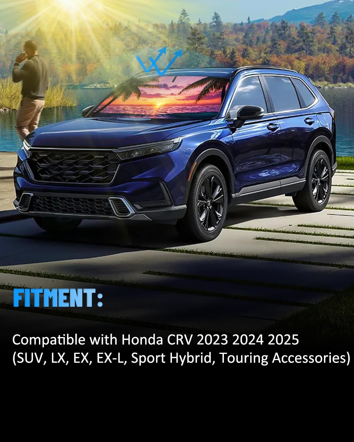 Sunset Beach Car Windshield Sun Shade Compatible with Honda CRV 2023 2024 2025, Foldable Reflective Window Sunshade for UV Protection & Heat Reduction