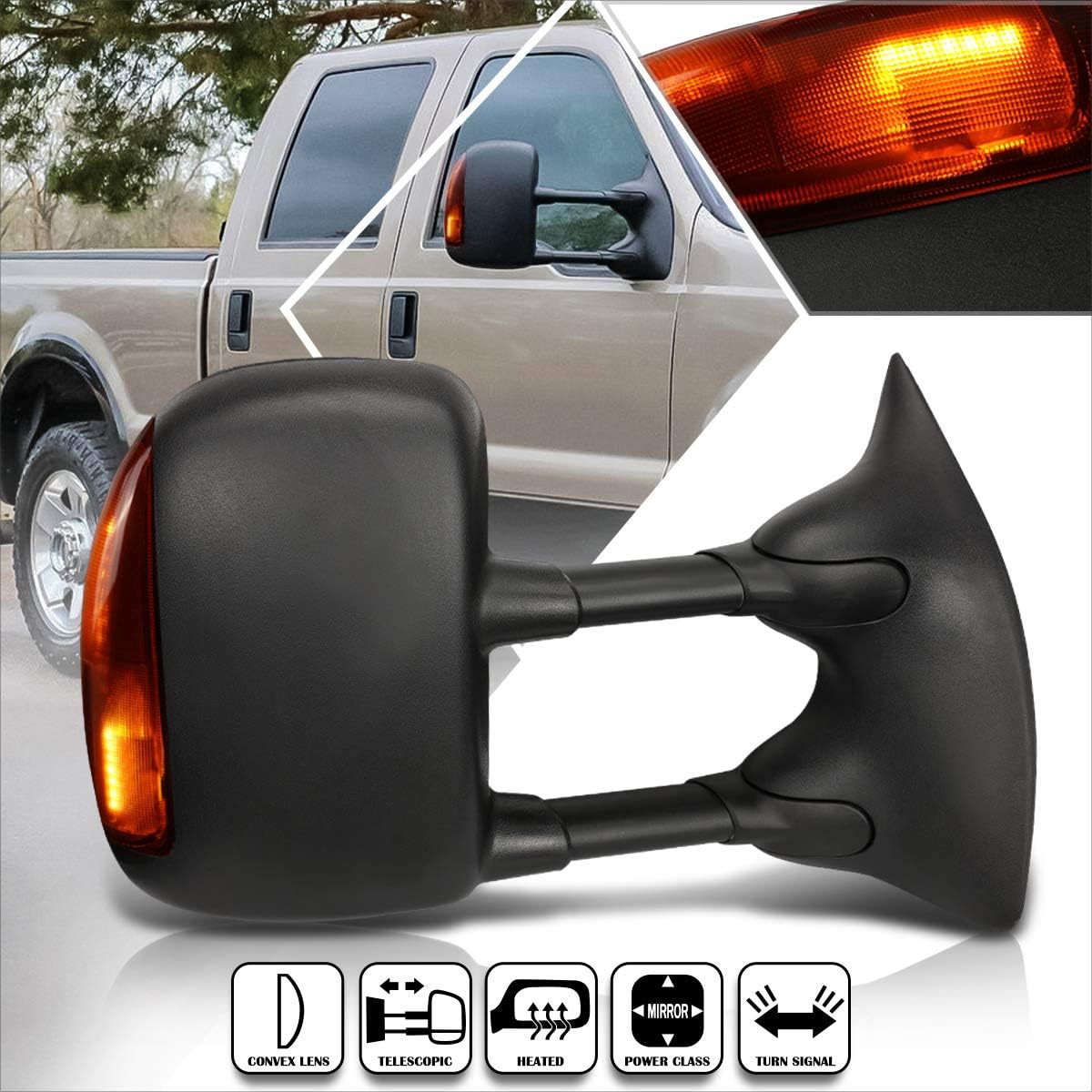 [Pair] Power Heated Tow Towing Mirrors Side Mirrors w/Amber LED Signal Compatible with 99-07 F250-F550 Super Duty,Black