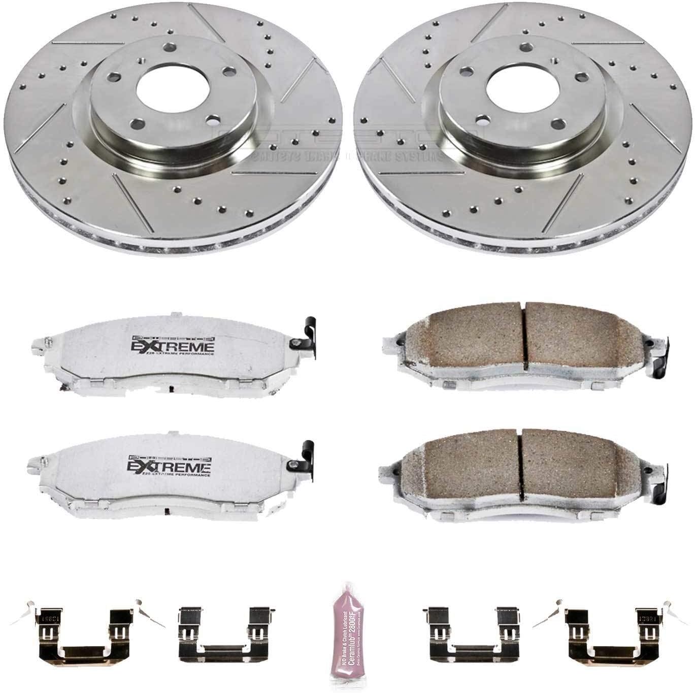 PowerStop Front Brake Kit for INFINITI EX35 2008-12 |EX37 2013 |G25 2011-12 |G35 2005-08 |G37 2009-13 - Carbon-Fiber Ceramic Z26 Brake Pads + Drilled & Slotted Rotors Upgrade, K112-26