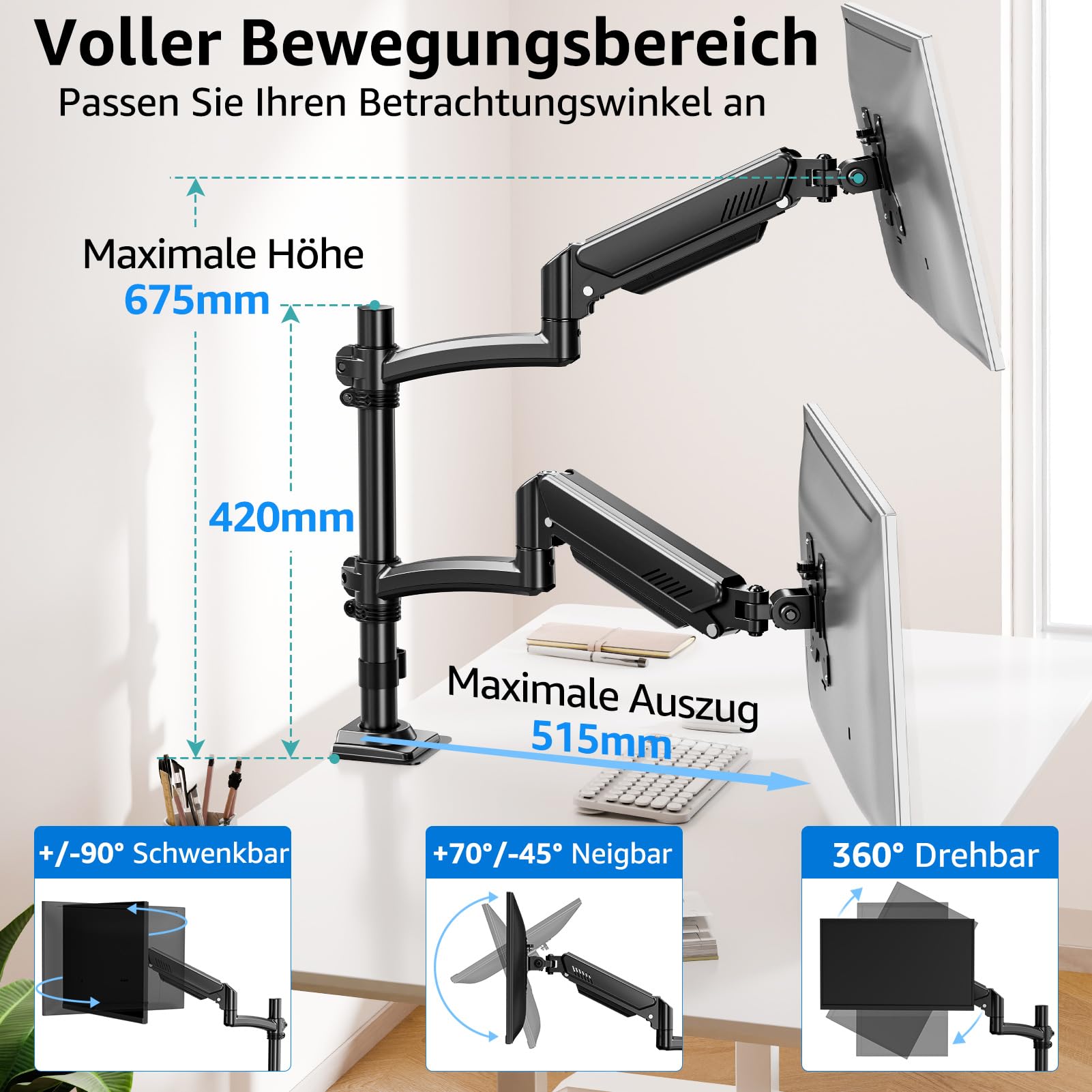 MOUNTUP Monitor Halterung 2 Monitore 13 bis 32 Zoll Hält 2-10 kg | Höhenverstellbar Dual Monitore Monitor Halterung mit Kabelführung, flexibel neigen schwenken drehen, VESA 75/100mm