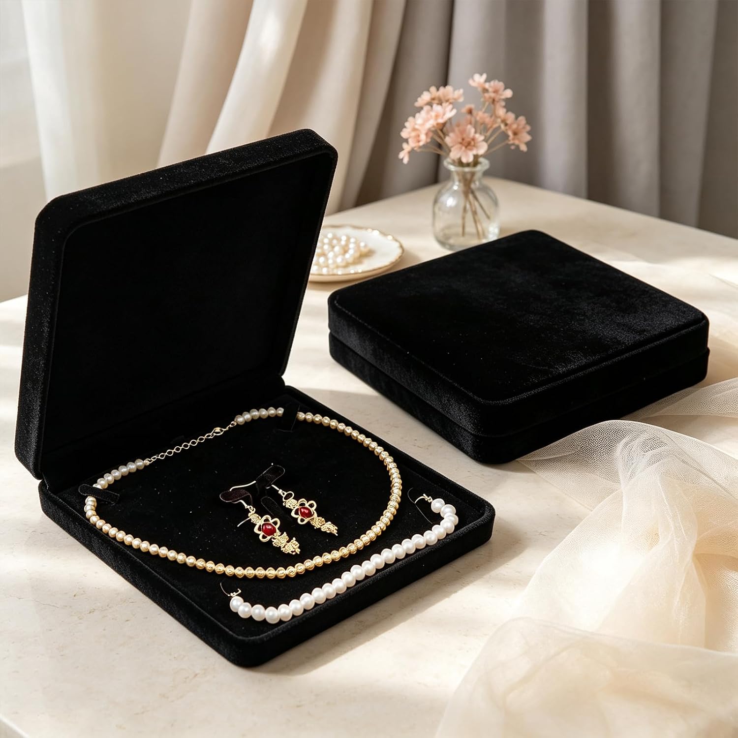 4 Pcs Velvet Jewelry Set Box Jewelry Gift Boxes Earring Ring Bracelet Necklace Gift Box Empty Jewelry Boxes Jewelry Storage Case Jewelry Storage Holder for Wedding Travel (Black) image 4