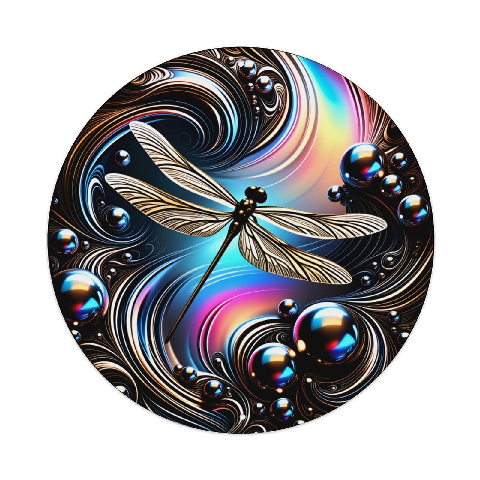 Dragonfly Swirls Colorful Bubbles Abstract Art Pattern Round Vintage Tin Sign,Retro Wall Art,Metal Poster for Home, Bar, Garage, Cafe, Rustic Indoor & Outdoor Decor, 8x8 Inches