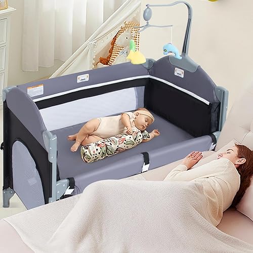 SIMPLGIRL 5-in-1 Baby Bassinet Bedside Crib, Pack and Play Long Next to Parents Bed Crib, Foldable Playard, Playpen Travel Bed Nursery Center for Girl Boy Infant Newborn