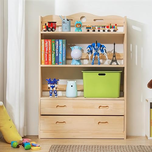 Magshion Estantería de madera de 3 estantes con 2 cajones, 33.1 pulgadas de largo x 11 pulgadas de ancho x 48.4 pulgadas de alto, estante de