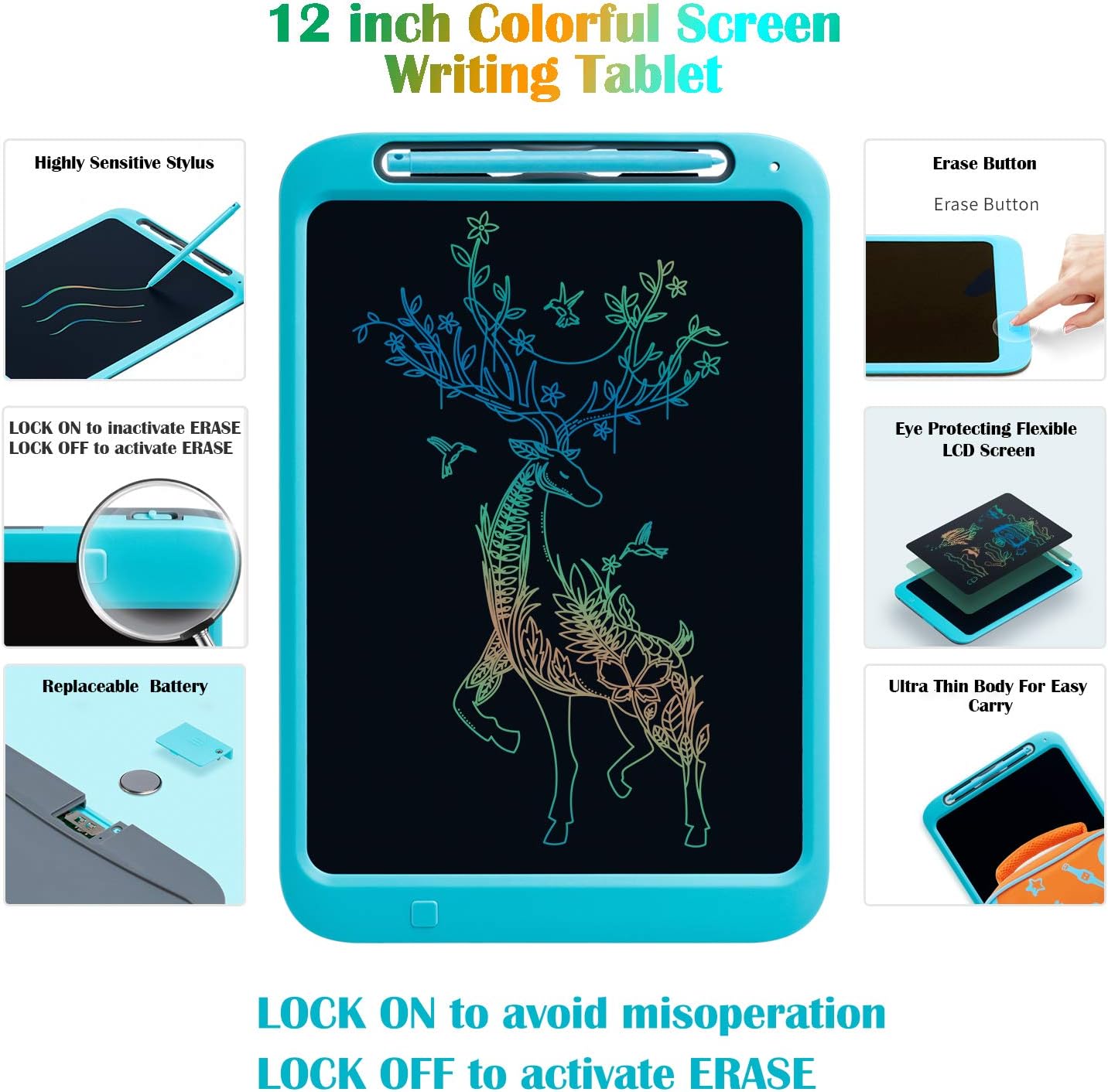 WINDEK LCD Writing Tablet 12 inch Colorful Drawing Tablet Doodle Board Electronic Drawing Pads for Kids & Adults Drawing Pad Handwriting Tablet Gifts Toys for 3-14 Years Old Boys and Girls