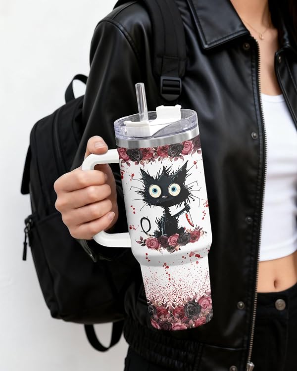 34HD Crazy Cat Put You Trunk Funny 40 oz Tumbler with Handle, Spooky Gift by 34HD - Used condition - Image 6