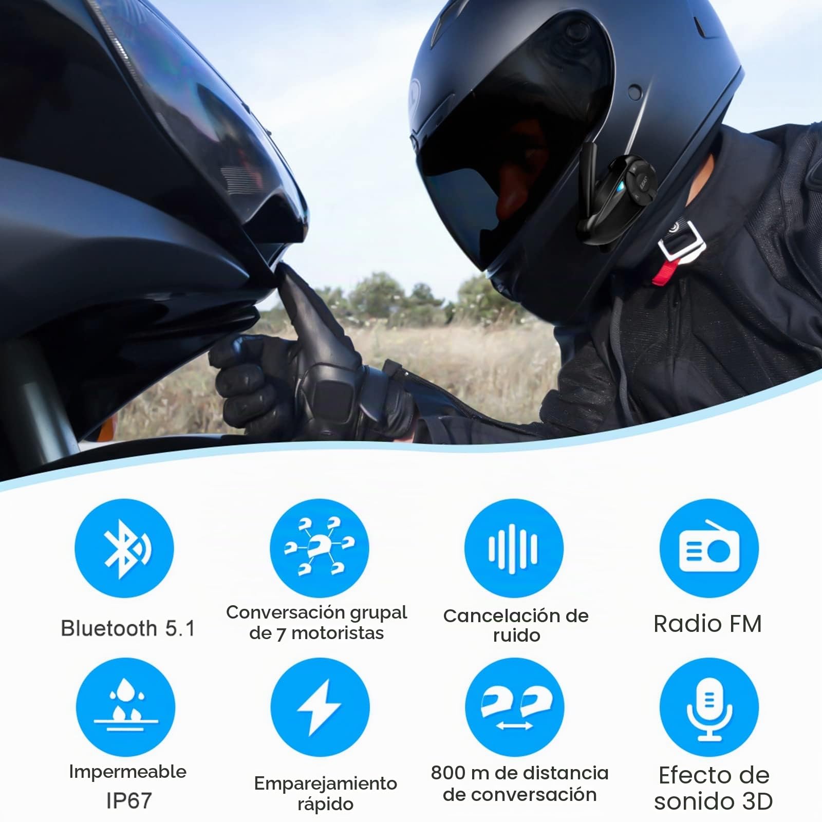 EJEAS Q7 intercomunicador Bluetooth de Motocicleta, Distancia de intercomunicación 800m, Puede Realizar hasta 7 Conexiones, 2 Intercomunicadores simultáneos (Q7-2)