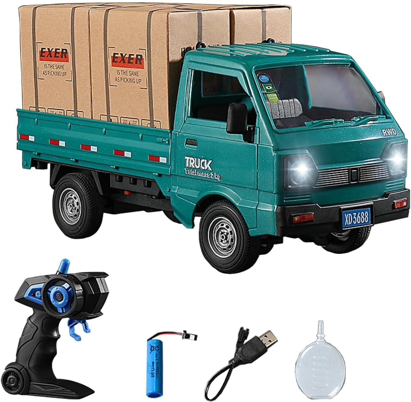 Remote Control Cargo Truck Toy with Loading Boxes, 2.4GHz RC Transport Truck with LED Headlights, Rechargeable Battery, Realistic Design & Handheld Controller for Kids Boys Girls, Green