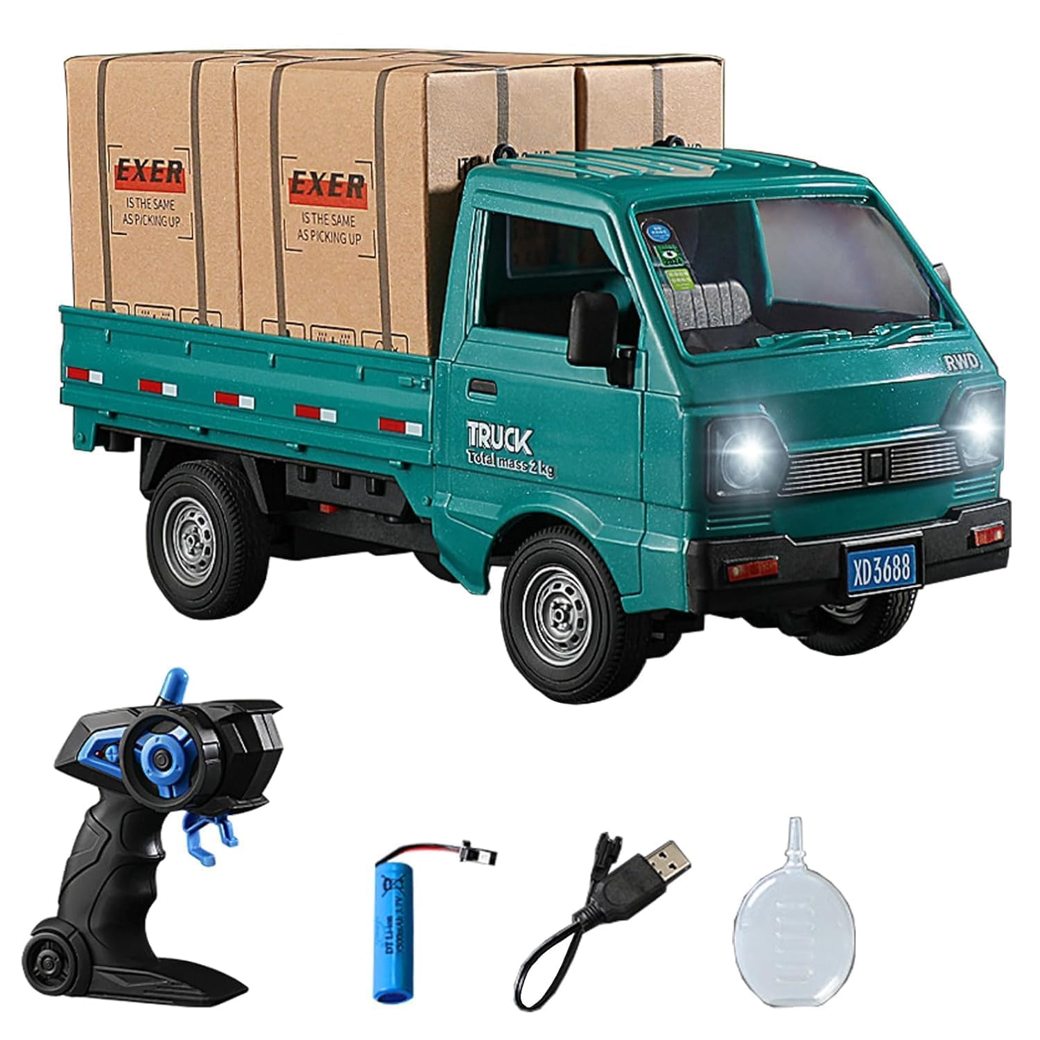 Remote Control Cargo Truck Toy with Loading Boxes, 2.4GHz RC Transport Truck with LED Headlights, Rechargeable Battery, Realistic Design & Handheld Controller for Kids Boys Girls, Green