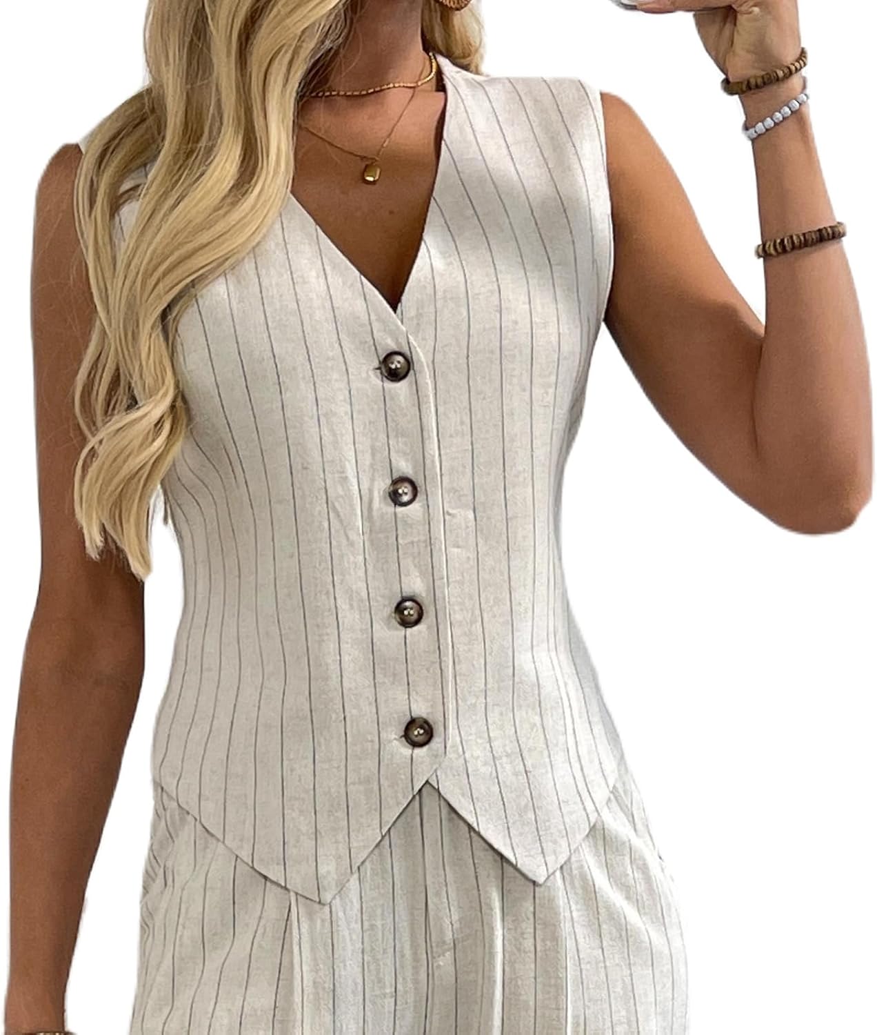 heipeiwa Women's Cotton Linen Vest Button Down Sleeveless V Neck Tank Tops Waistcoat Jacket