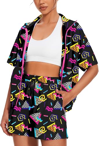 UOUA Women's 80s Color Block Outfits 2 Piece Tracksuit 90s Party Costume Summer Zip Up Windbreaker & Short Sets