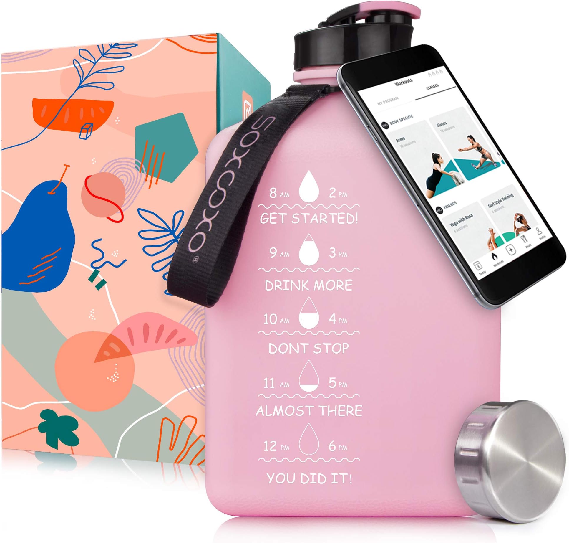 Square Gallon Water Bottle 91oz/2.7Litre Pink Water jug Leak-Proof for Gym Fitness Sport Workout with Time Marker Half Gallon Water Bottle with a Magnetic Plate for Holding a Phone (91oz Pink)