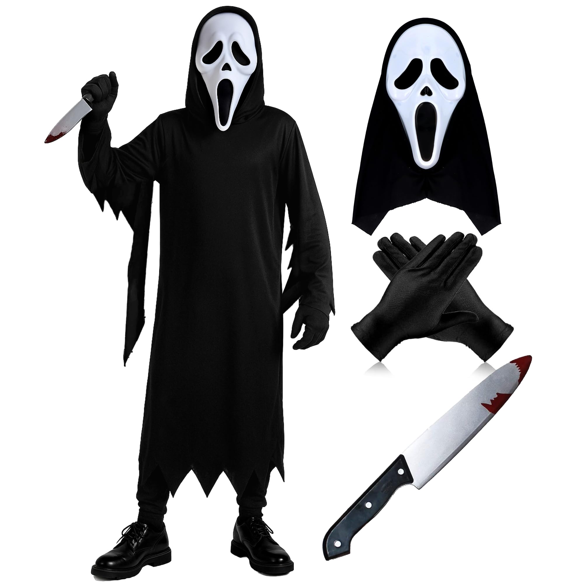 Kids 4PC Halloween Ghost Face Costume Set, Scary Fancy Dress with Black Hooded Robe, Gloves, Ghost Face Mask & Fake Knife Prop Horror Movie Killer Cosplay Outfit UK 4-12 Years (7-9Years)