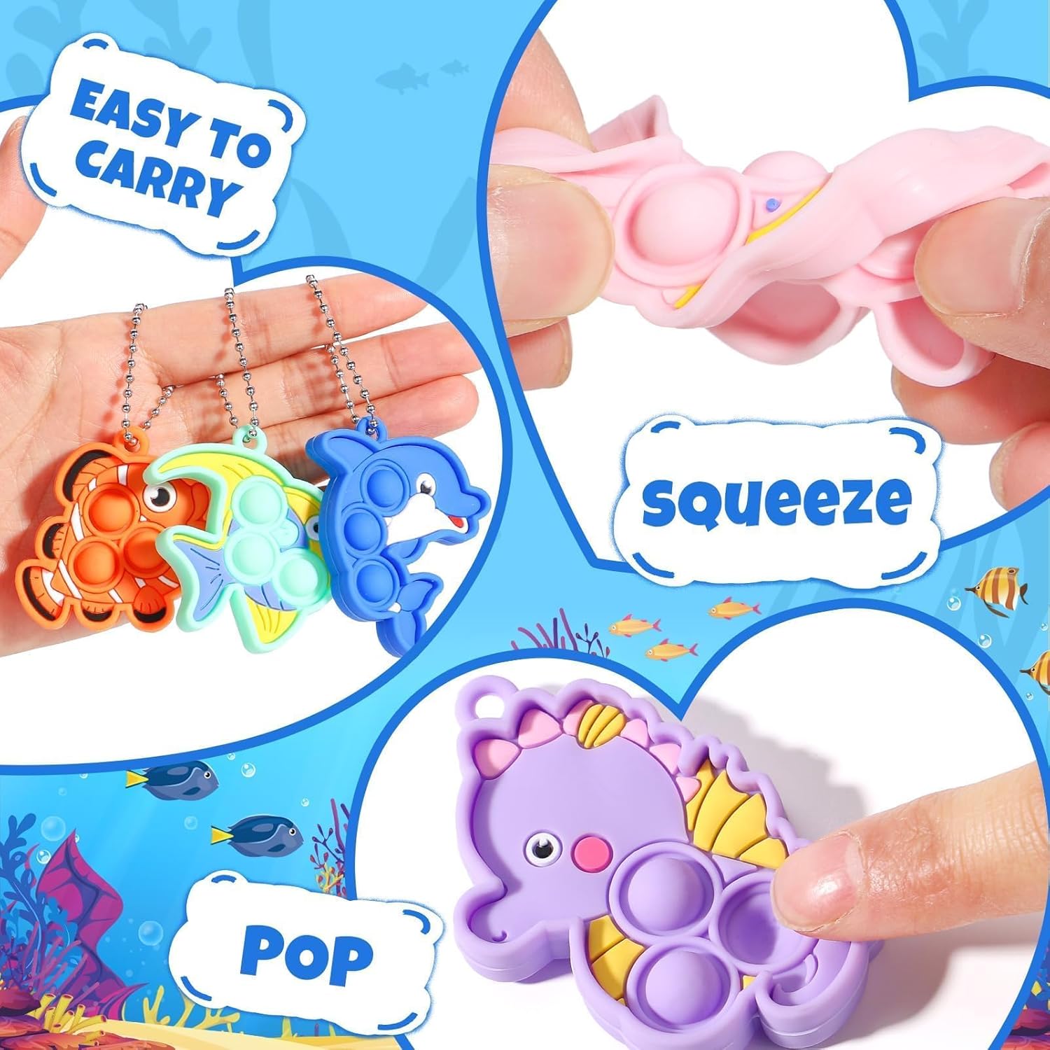 24PCS Sea Animal Pop Fidget Keychain Easter Gifts Party Favors for Kids 4-8 8-12 Easter Egg Fillers Goodie Bag Stuffer Classroom Treasure Box Toy Carnival Prizes Birthday Return Gifts for Boys Girls