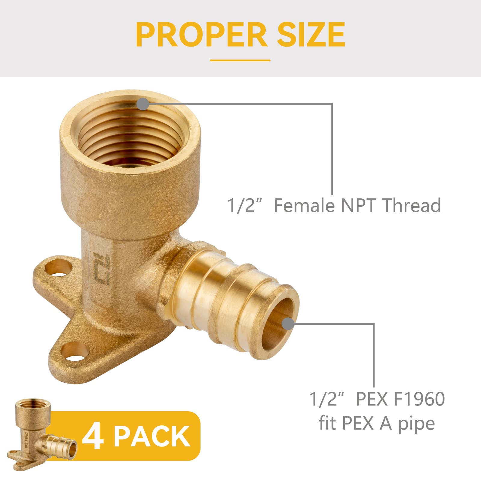 Paquete de 4 Accesorios PEX-A, Codo de expansión Hembra NPT de 1/2" x 1/2" con Oreja abatible, Codo de latón PEX ASTM F1960 con Oreja abatible para conexión de tubería PEX-A
