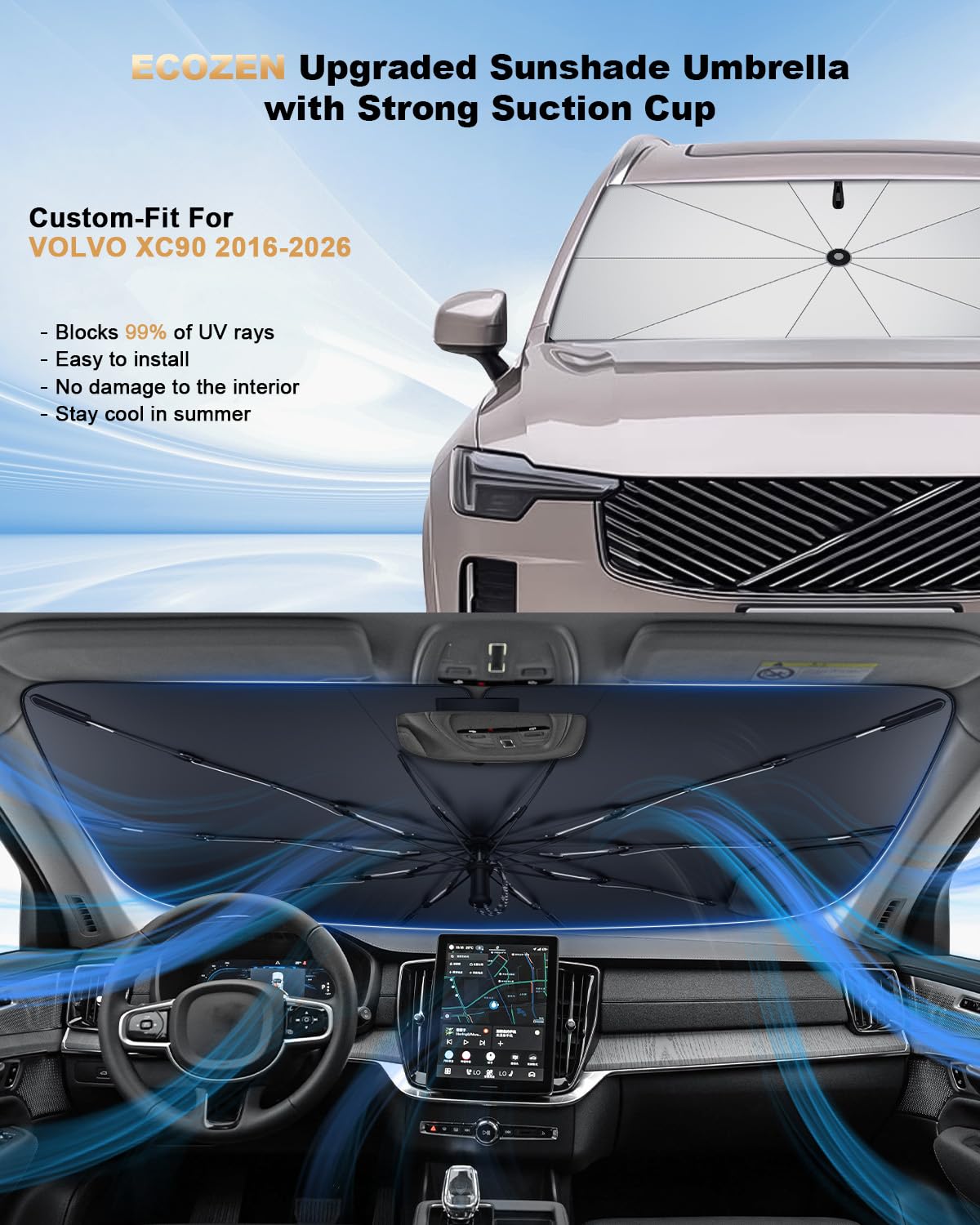 ECOZEN Parasole Auto Volvo XC90 2016-2026 Copriparabrezza Schermo Raggi UV Pieghevole