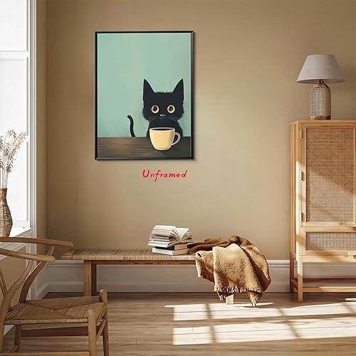 Miniatura 8 de Yaneiro Divertido arte de pared de gato negro abstracto para beber café, lindo retrato de gato negro, decoración de pared, póster de lienzo adecuado