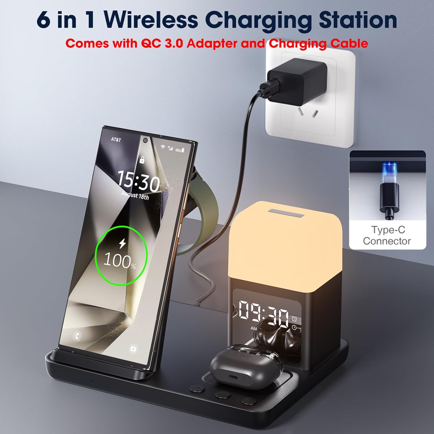 Wireless Charger for Samsung/Android,6 in 1 Alarm Clock Charging Station for Bedrooms with Bedside Clock Night Light for Samsung S25/S24/S23 Ultra/Buds,Watch Charger only for Galaxy Watch 8/7/6-Black - Image 7