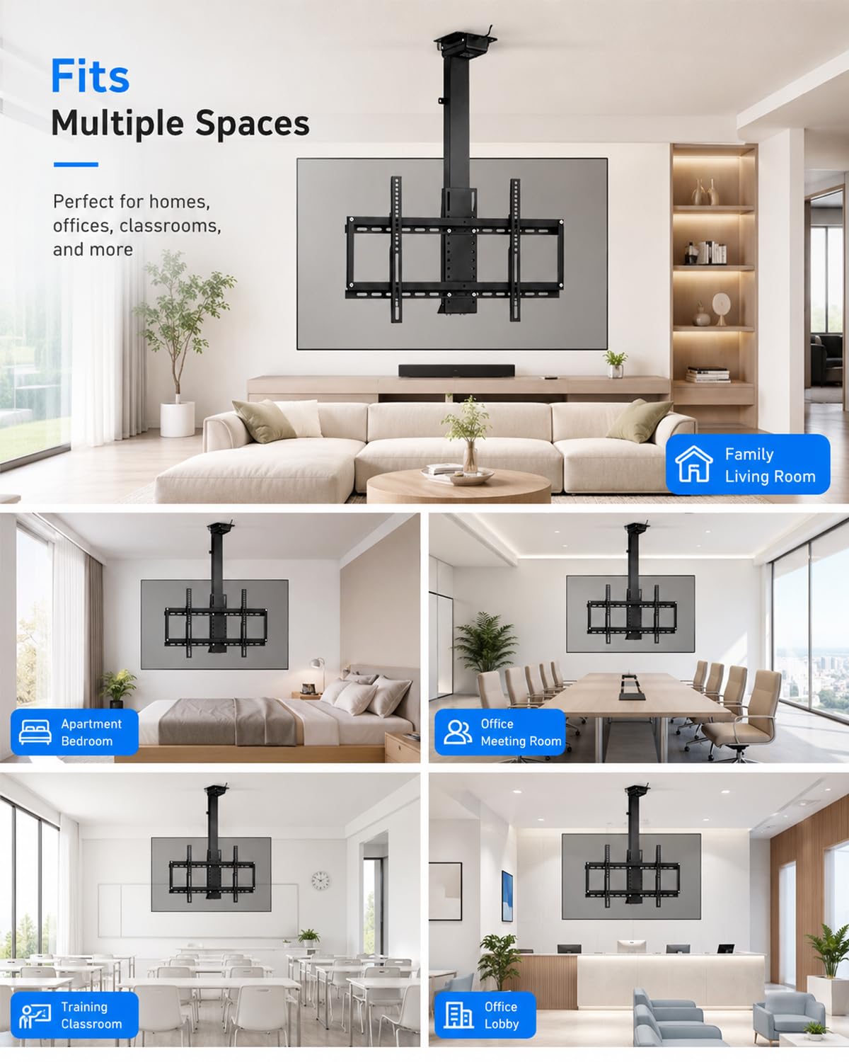 Soporte TV Motorizado de Techo 32-70", 3 Giro Manual de 360° | Elevación eléctrica, 3 Secciones Telescópicas, mando a distancia, 4 memorias, carga de 60 kg y VESA 75x75-600x400 mm