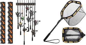 PLUSINNO V9 Vertical Fishing Rod Holders, 2 Packs Wall Mounted Fishing Pole Holders,With Floating Fishing Net