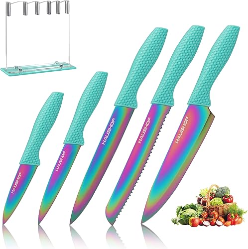 HAUSHOF Juego de cuchillos de cocina, juego de 5 cuchillos arcoíris con bloque, juego de cuchillos de acero premium para cocina con mango