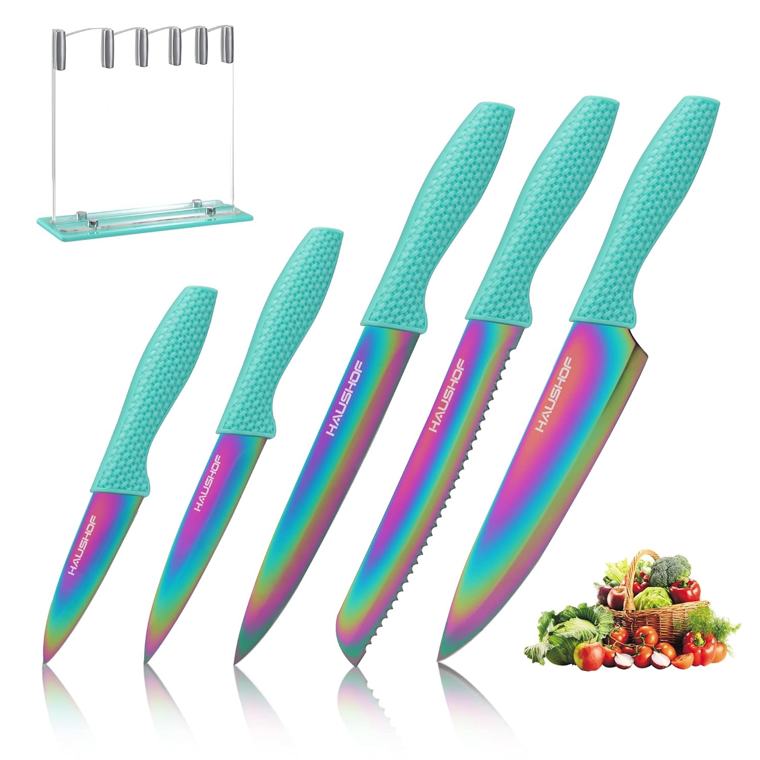 HAUSHOF Kitchen Knife Set 5 Pieces Rainbow Knife Sets with Arcylic Block Sharp Green Knives Set for Kitchen