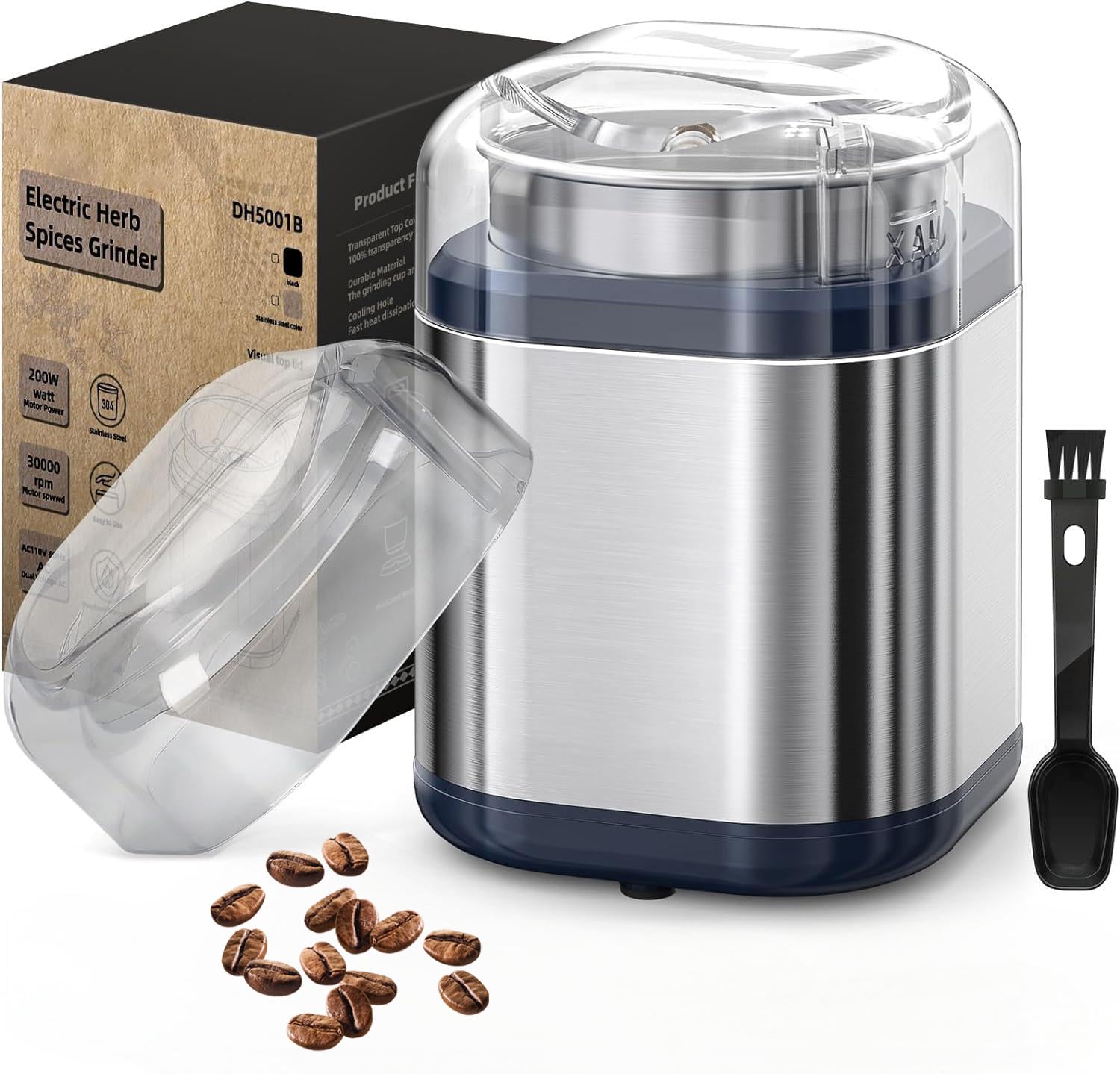 Electric Grinder, Azonee Coffee Grinder Grinder Low Noise Even And Fast Grinding Stainless Steel Electric Grinder for Coffee Bean, Nuts, Grains Kitchen Stainless Steel, 200w Coffee Grinder