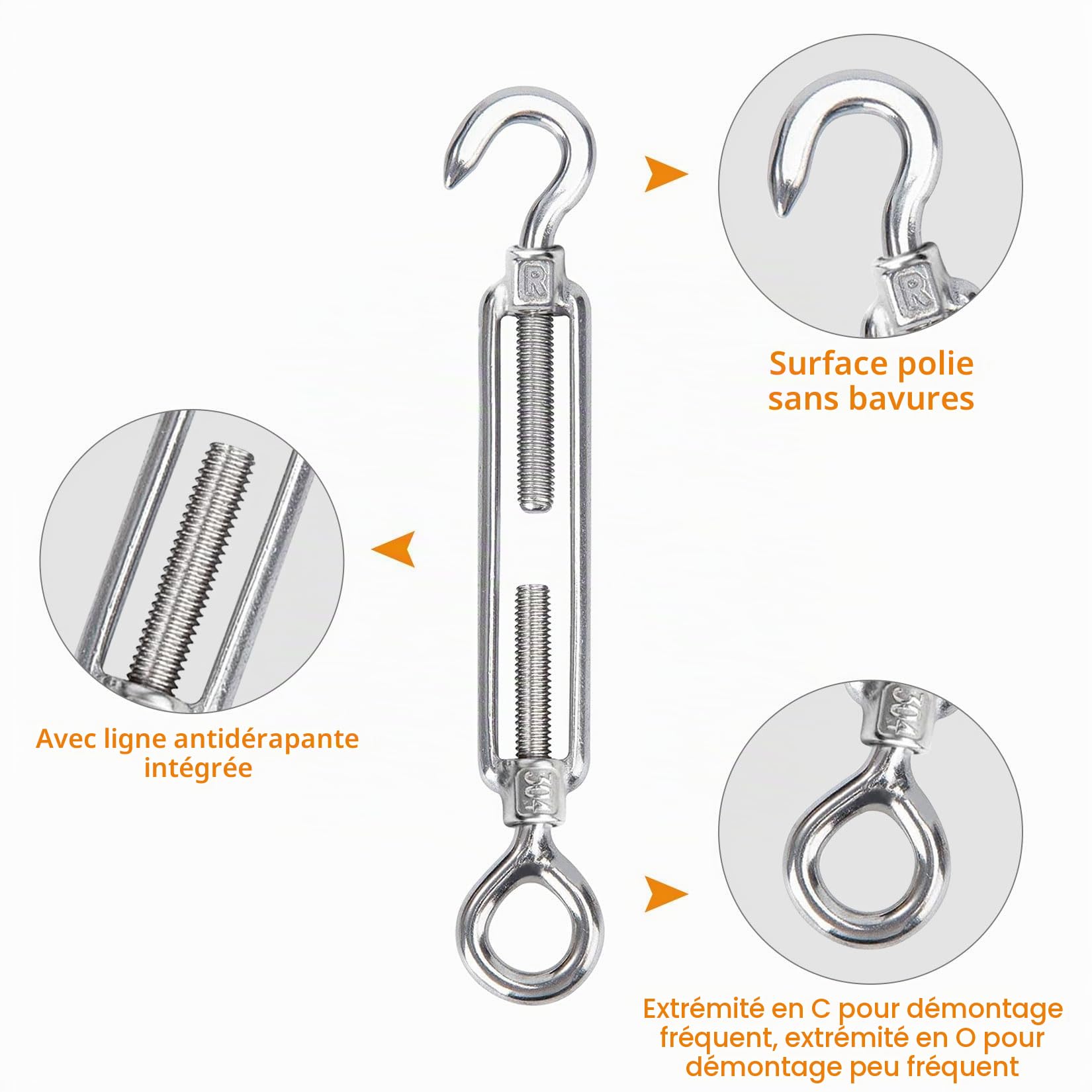6 Pièces Tendeur Cable M8, Tendeur Fil A Linge Inox 304, Tendeurs Réglables pour Fil à linge Extérieur, Corde à Linge, Cable Inox, Suspendre,Cable de Garde Corps