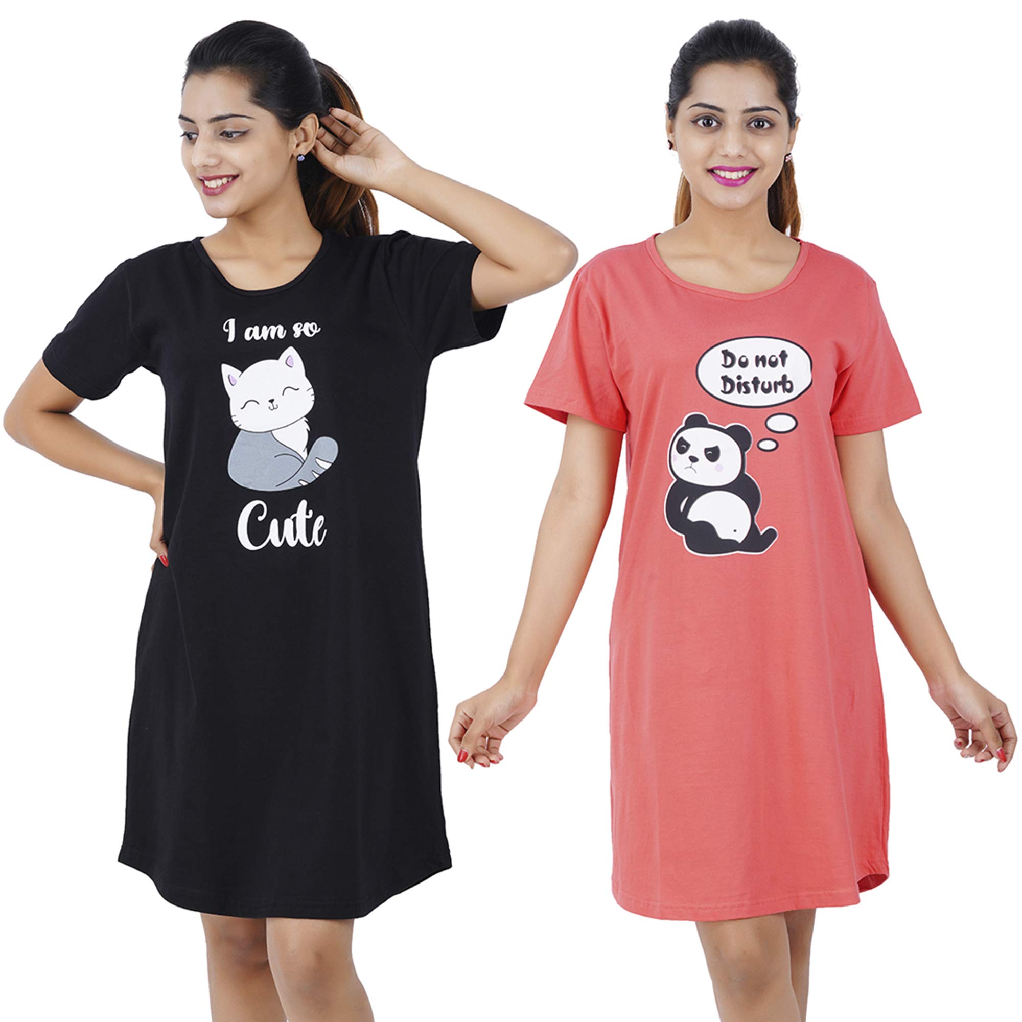 Buy That Trendz Printed Cotton Short Night Dress for Women 2 Pcs Combo I am So Cute Black Love Red