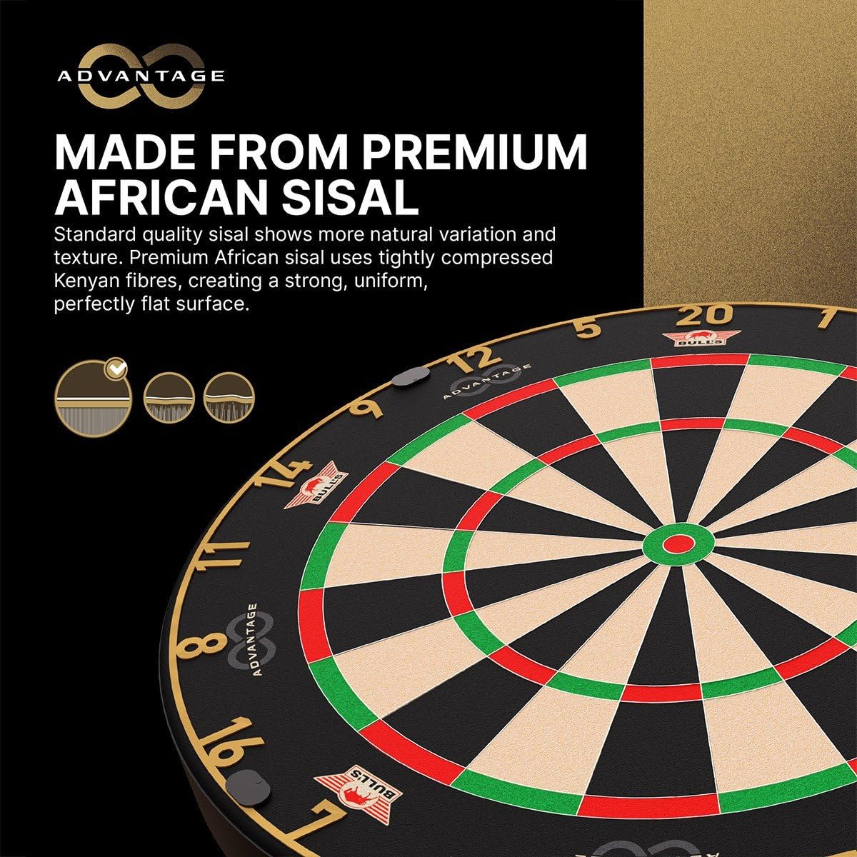 Bull's Advantage 8 Profi Sisal Dartscheibe mit 360° Drehsystem gegen ungleichmäßige Abnutzung - Ultradünne Drähte für weniger Abpraller, selbstheilendes Sisal - NDB Turnier Steeldartscheibe, 45 cm