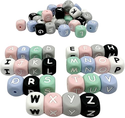 Alfabeto de silicona con 26 cuentas de letras de 0.472 in, 78 cuentas sueltas de silicona con letras de colores mixtos para bricolaje collar pulsera