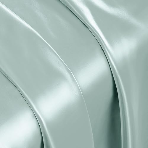 Miniatura 8 de Vonty - Juego de sábanas de satén, sedosas, tamaño matrimonial, color azul hielo, 1 sábana bajera con bolsillo profundo + 1 sábana encimera + 2