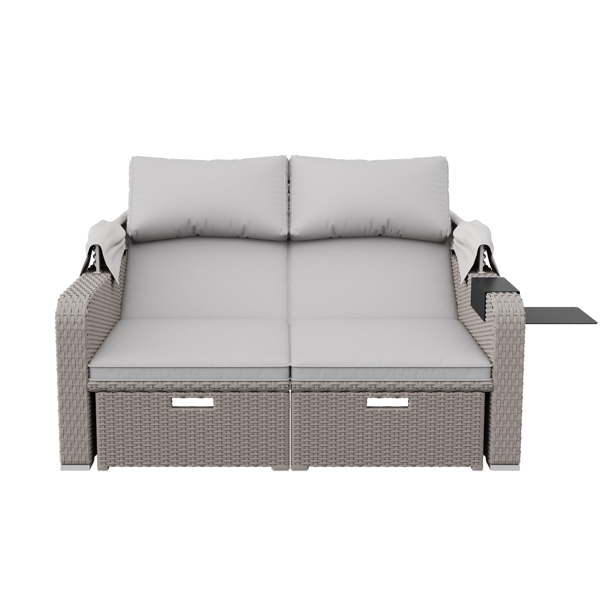 Muebles de jardín de polirratán para 2 personas, sofá de salón con toldo extraíble, sofá convertible en cama, para playa, jardín, fácil de montar (caqui)