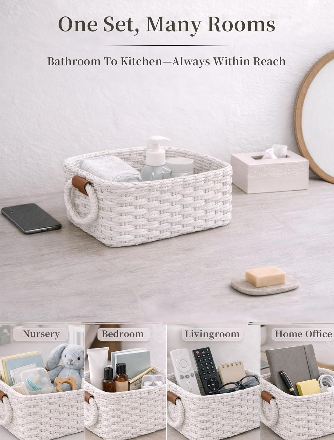 Storage Basket, Recycled Paper Rope Bathroom Basket Organizer, 3Pcs Small Baskets for Organizing, Mini wicker Basket for Decorative Storage Bins, Shelves, Bathroom, Cabinet - White