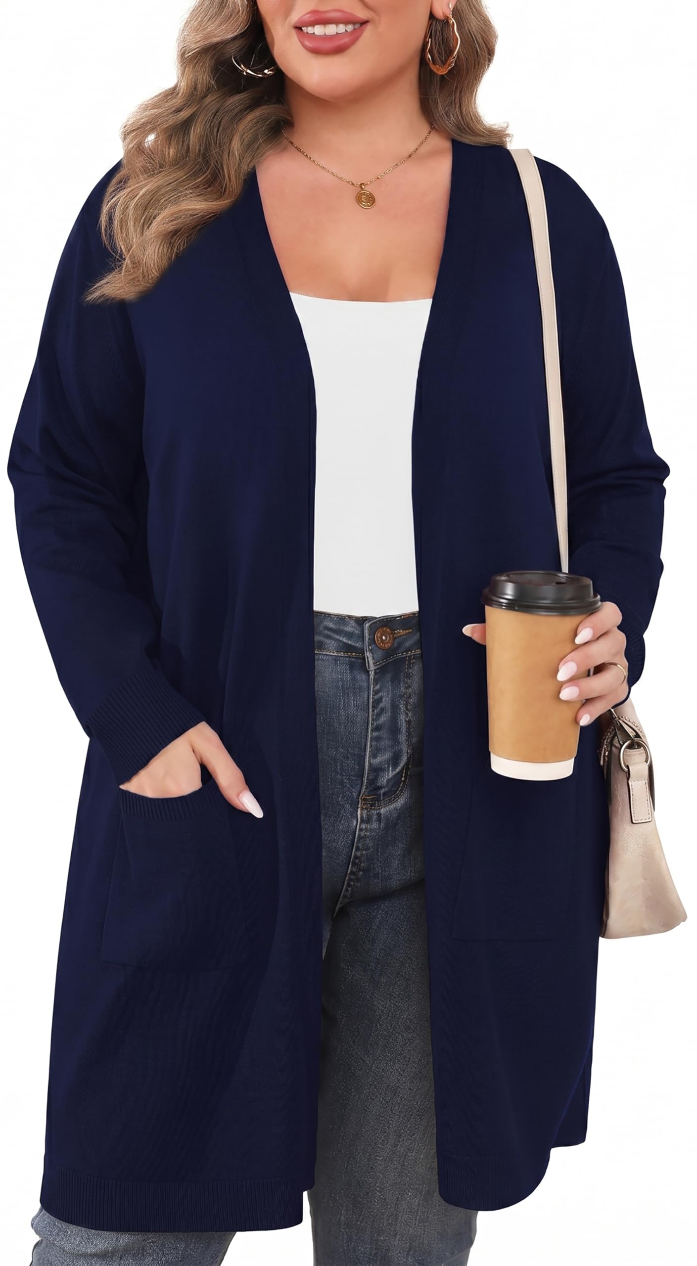 TIANZHU Cárdigan ligero de talla grande para mujer, con frente abierto, manga larga, ajuste holgado, casual, con bolsillos, talla XL-4XL